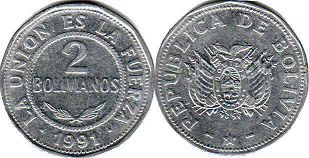 coin Bolivia 2 bolivianos 1991
