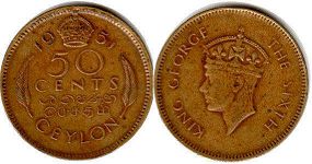 coin Ceylon 50 cents 1951