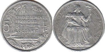 piece Océanie Française 5 francs 1952