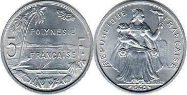piece Polynésie Française 5 francs 1965