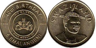 coin Swaziland 5 emalangeni 2008 40 years since the birth of King