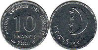 coin Comoros 10 francs 2001