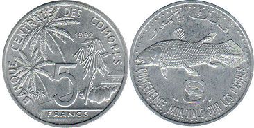 piece Comoros 5 francs 1992