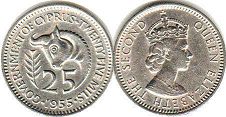 coin Cyprus 25 mils 1955