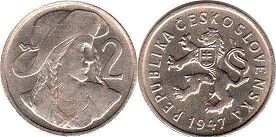 mince Czechoslovakia 2 koruny 1947