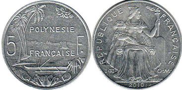 piece Polynésie Française 5 francs 2010