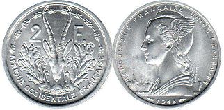 piece Française West Africa 2 francs 1948