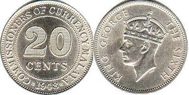 coin Malaya 20 cents 1948