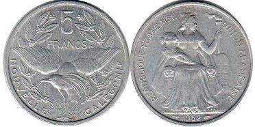 coin New Caledonia 5 francs 1952