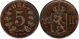 mynt Norge 5 öre 1876