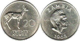 coin Zambia 20 ngwee 1968