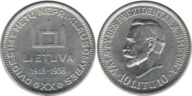 coin Lithuania 10 litu 1938