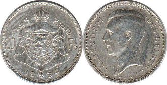 pièce Belgique 20 francs 1934