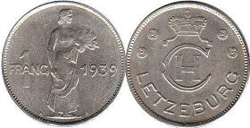 coin Luxembourg 1 franc 1939