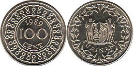 coin Surinam 100 cents 1989
