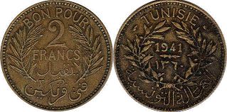piece Tunisia 2 francs 1941