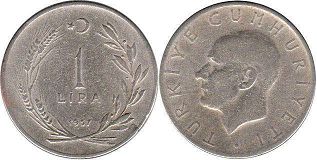 coin Turkey 1 lira 1957