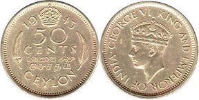 coin Ceylon 50 cents 1943