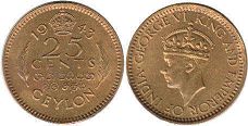 coin Ceylon 25 cents 1943