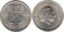 Münze Niederlande 25 Cents 1964