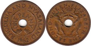 coin Rhodesia and Nyasaland 1 penny 1962