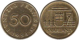 coin Saarland 50franc 1954