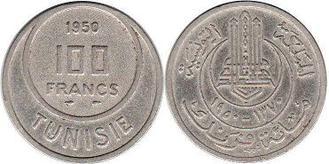 coin Tunisia 100 francs 1950