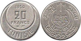piece Tunisia 20 francs 1950