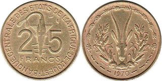 piece West African States 25 francs 1970