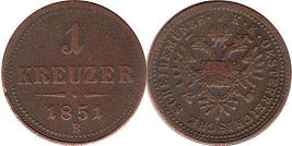 coin Austrian Empire 1 kreuzer 1851