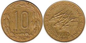piece Central African States (CFA) 10 francs 1975