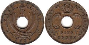 coin BRITISH EAST AFRICA 5 cents 1939