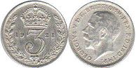 monnaie UK vieille 3 pence 1921
