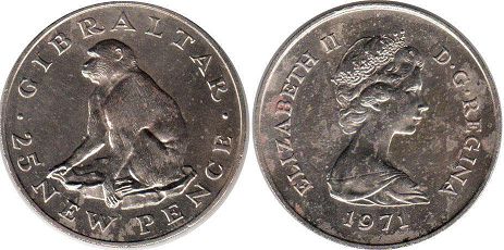 coin Gibraltar 25 new pence 1971