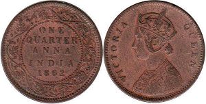 coin British India 1/4 anna 1862 Victoria queen