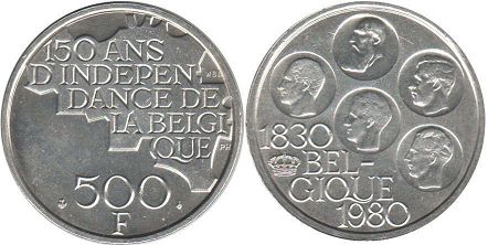 pièce Belgique 500 francs 1980