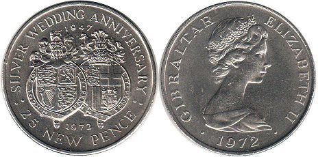 coin Gibraltar 25 new pence 1972