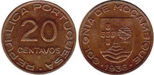 piece Mozambique 20 centavos 1936