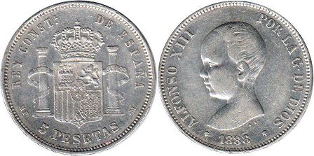 coin Spain 5 pesetas 1888