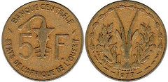piece West African States 5 francs 1977