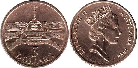australian commemmorative coin 5 dollars 1988