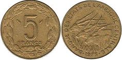 piece Central African States (CFA) 5 francs 1975
