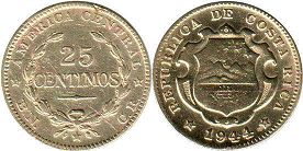 coin Costa Rica 25 centimos 1944