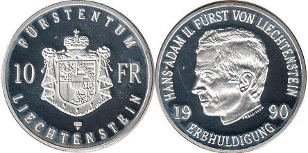 coin Liechtenstein 10 franken 1990