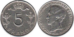 coin Luxembourg 5 francs 1949