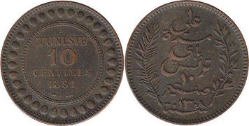 coin Tunisia 10 centimes 1891