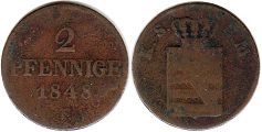 Münze Sachsen 2 pfennigs 1848