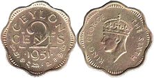 coin Ceylon 2 cents 1951