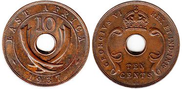 coin BRITISH EAST AFRICA 10 cents 1937