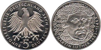 coin Germany BDR 5 mark 1983